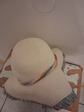 Echo Cream Straw Sun Hat with Multicolor Braid and Fringe